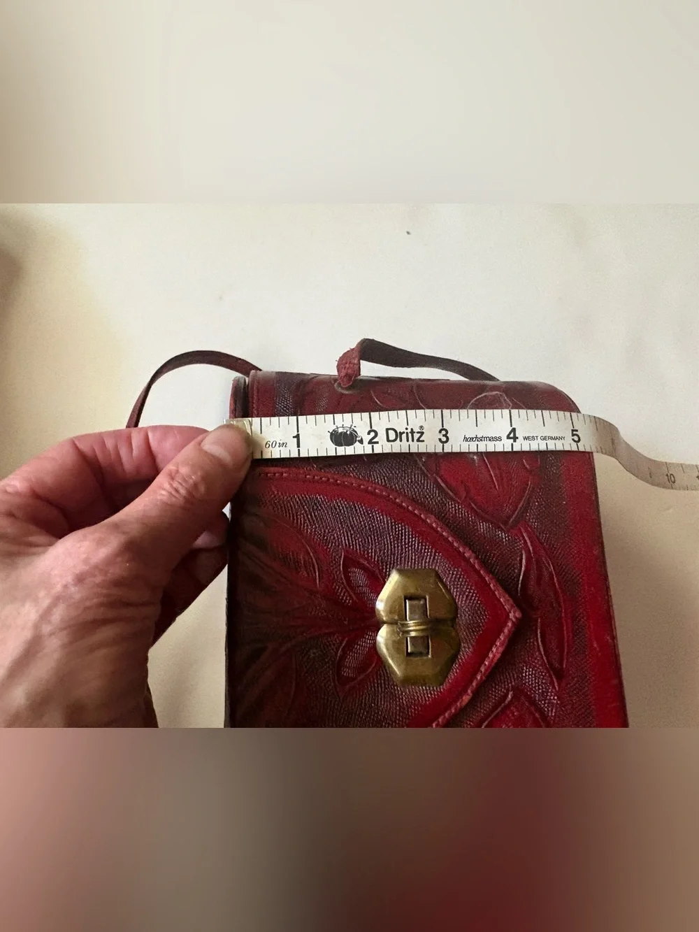 Vintage Red Tooled Leather Mexican handtooled Bag with Turn-Lock Closure